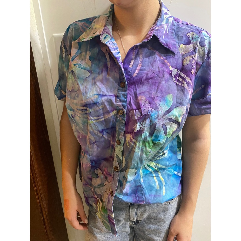 Vintage 90s Y2K Batik Floral Button Up Shirt Short Sleeve Purple Blue Teal Boho